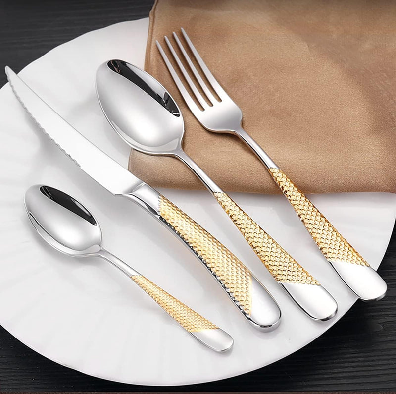 Gold Hammered Flatware 24-Piece Set – Stainless Steel Cutlery Set Includes Knives Forks & Spoons
