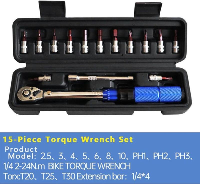 15PCS Torque Wrench Set – 1/4" Socket & Spanner Kit for Bike Repairs