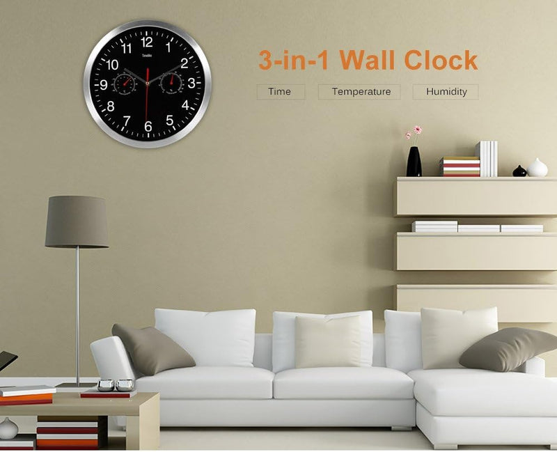 Black Wall Clock with Hygrometer & Thermometer – Quartz Silent Indoor Décor