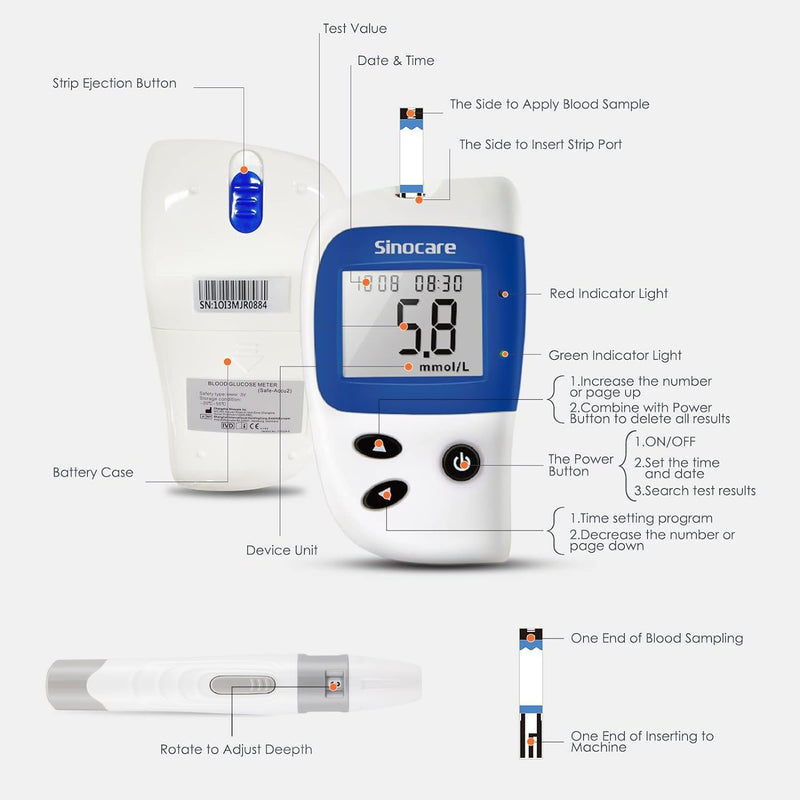 Blood Sugar Monitor Sinocare Accu2  – Blood Glucose Meter with 50 Test Strips & 50 Lancets