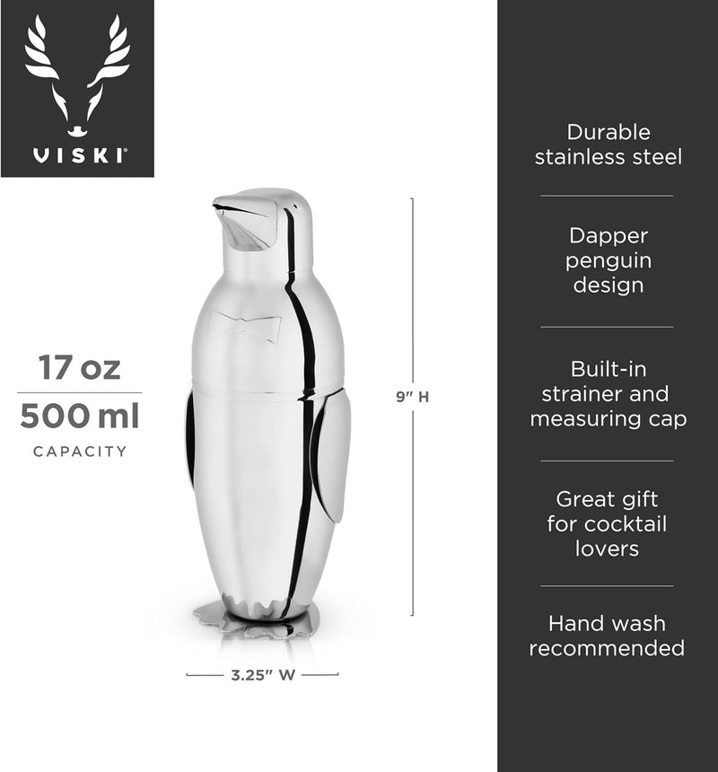 Penguin Cocktail Shaker 17oz – Professional Stainless Steel Shaker with Built-In Strainer