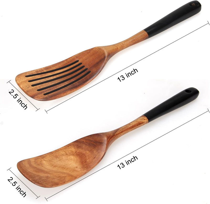 Wooden Spatula Set – 2-Piece Teak Cooking Utensils Slotted & Flat Turners