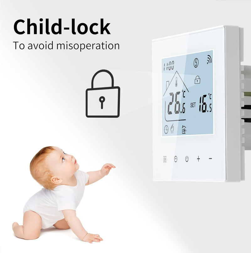 Smart WiFi Thermostat – 16A Touchscreen Controller for Floor Heating Works with App Control