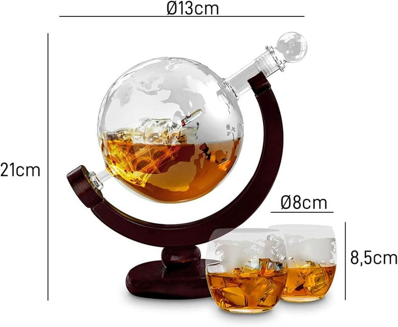 Globe Whiskey Decanter Set – 850ml Handcrafted Glass with 2 Globe Glasses