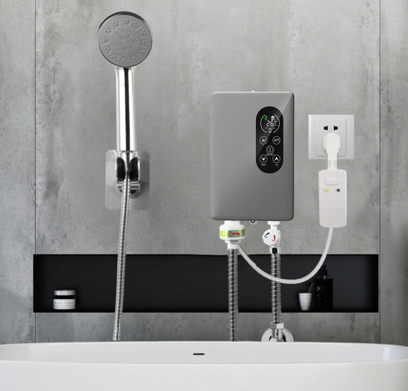 Electric Shower Set 5500W – Tankless Instant Hot Water Heater with Hose Shower Head Inlet Pipe and Thermostatic Valve