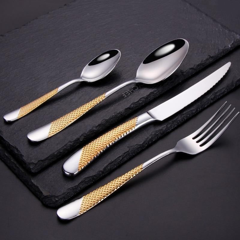 Gold Hammered Flatware 24-Piece Set – Stainless Steel Cutlery Set Includes Knives Forks & Spoons