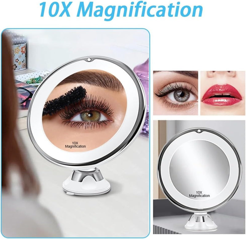 LED Makeup Vanity Mirror with 10x Magnification – Light Button Strong Suction Cup for Home & Travel