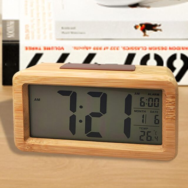 Luxury Bamboo Alarm Clock – Date Temp Alarm & Snooze Function