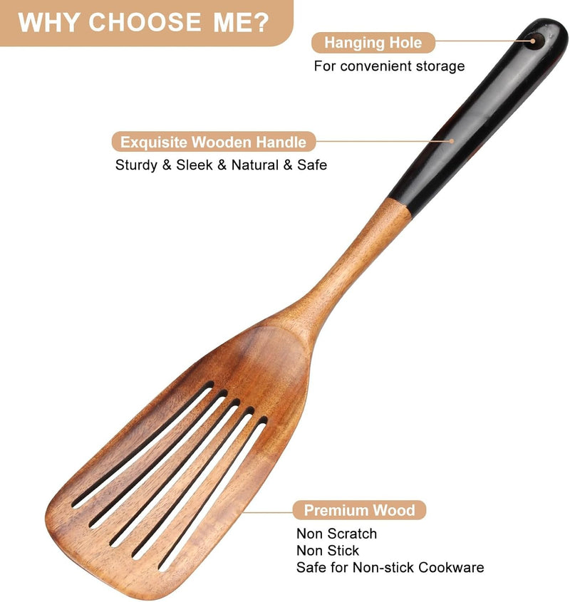 Wooden Spatula Set – 2-Piece Teak Cooking Utensils Slotted & Flat Turners