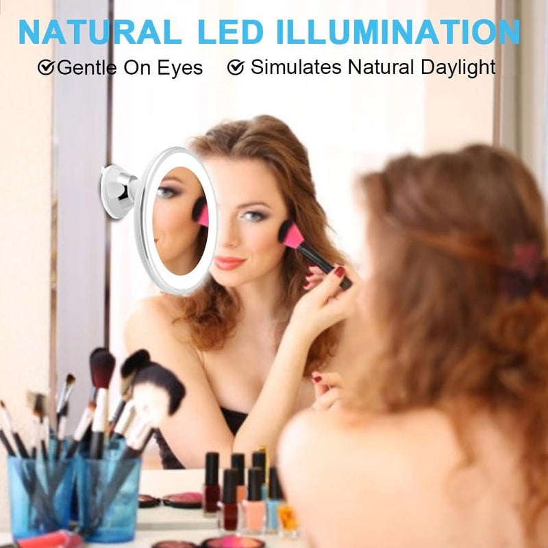 LED Makeup Vanity Mirror with 10x Magnification – Light Button Strong Suction Cup for Home & Travel