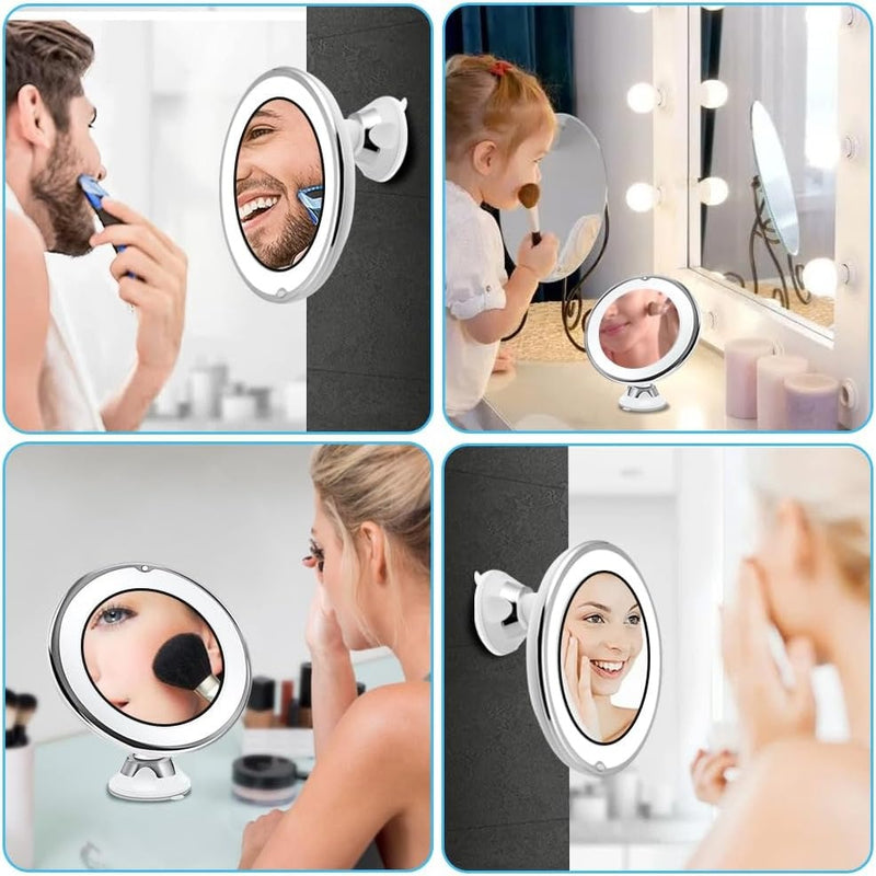 LED Makeup Vanity Mirror with 10x Magnification – Light Button Strong Suction Cup for Home & Travel