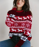 Women's Knitted Reindeer Christmas Jumper – Red & Black Striped Crew Neck Sweater