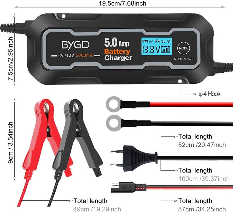5A Smart Car Battery Charger 6V/12V – LCD Display Automatic