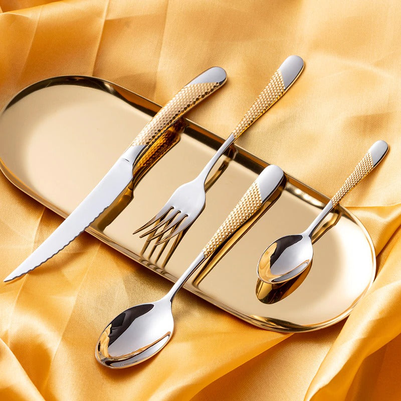 Gold Hammered Flatware 24-Piece Set – Stainless Steel Cutlery Set Includes Knives Forks & Spoons