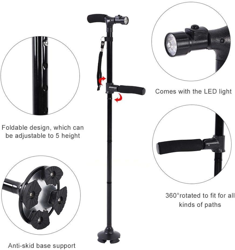Folding Walking Stick with Light – Telescopic Double Handle Trekking Pole for Seniors