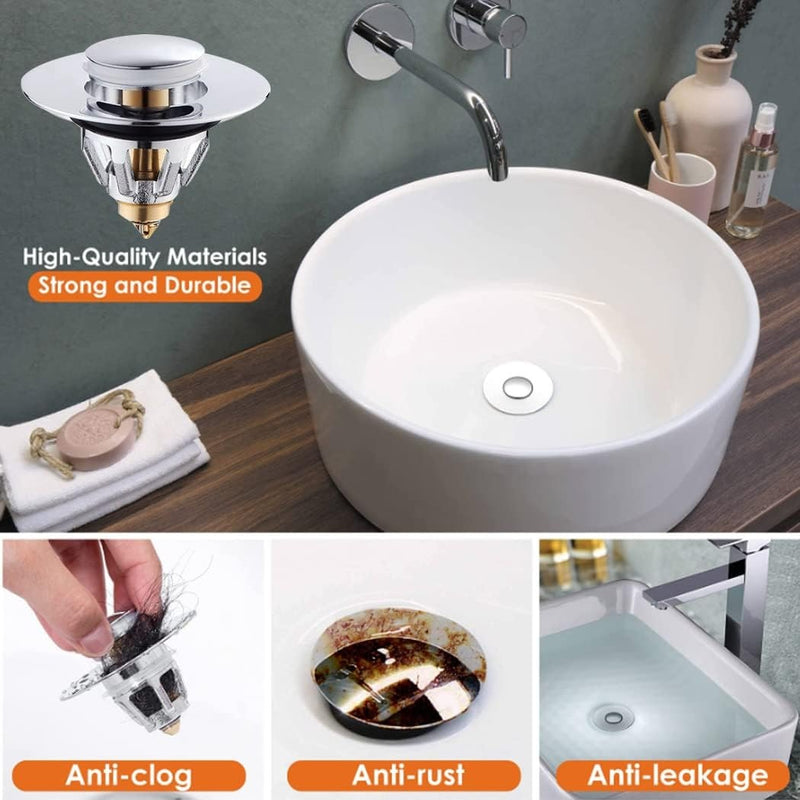 Universal Pop-Up Sink Plug 35–44mm –  Set of 3 Chrome Brass & Stainless Steel Drain Stopper