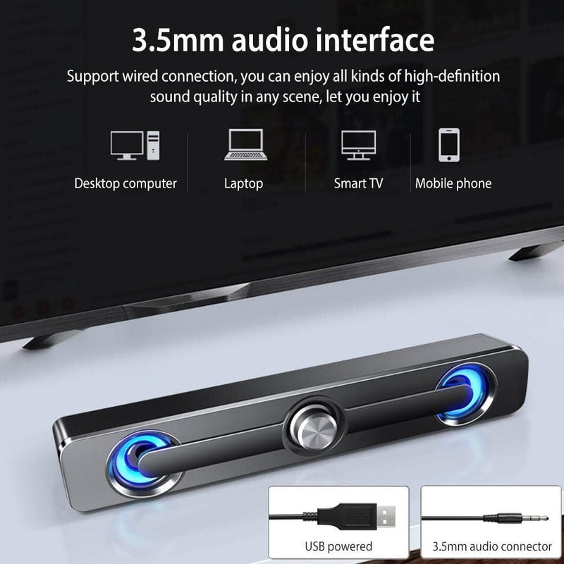 PC Soundbar Speaker – USB Powered with LED Lights 3.5mm Jack for Laptop & TV