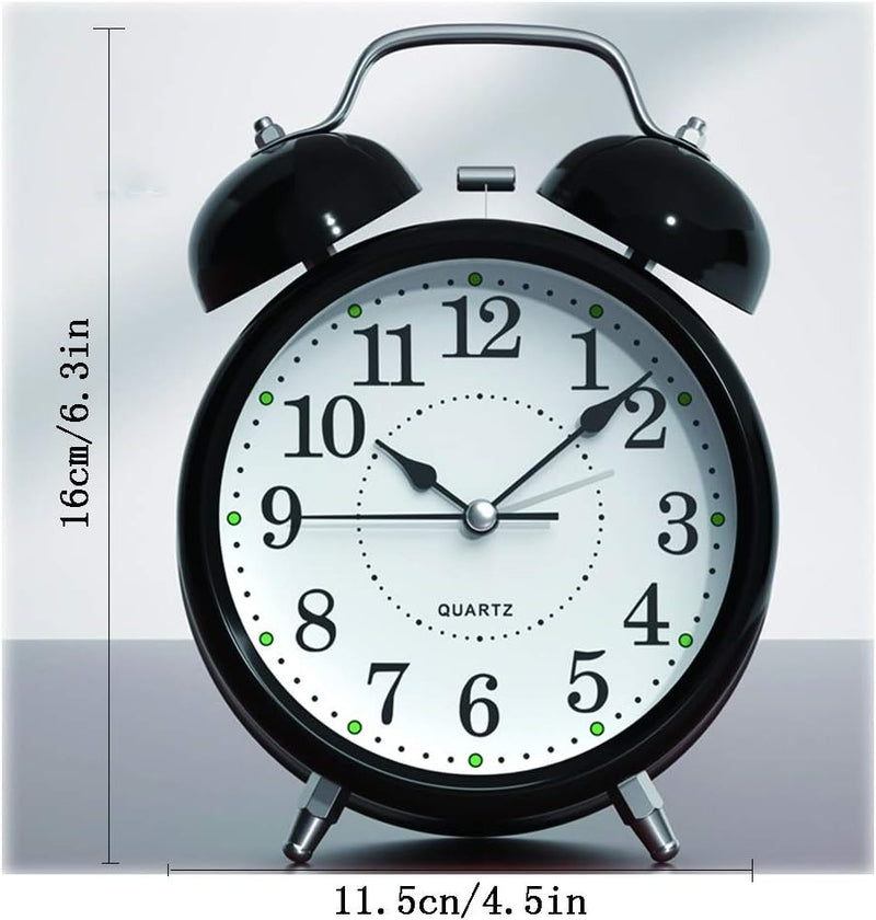 Twin Bell Alarm Clock 6 Inch – Rechargeable Silent Tick Battery Powered for Heavy Sleepers