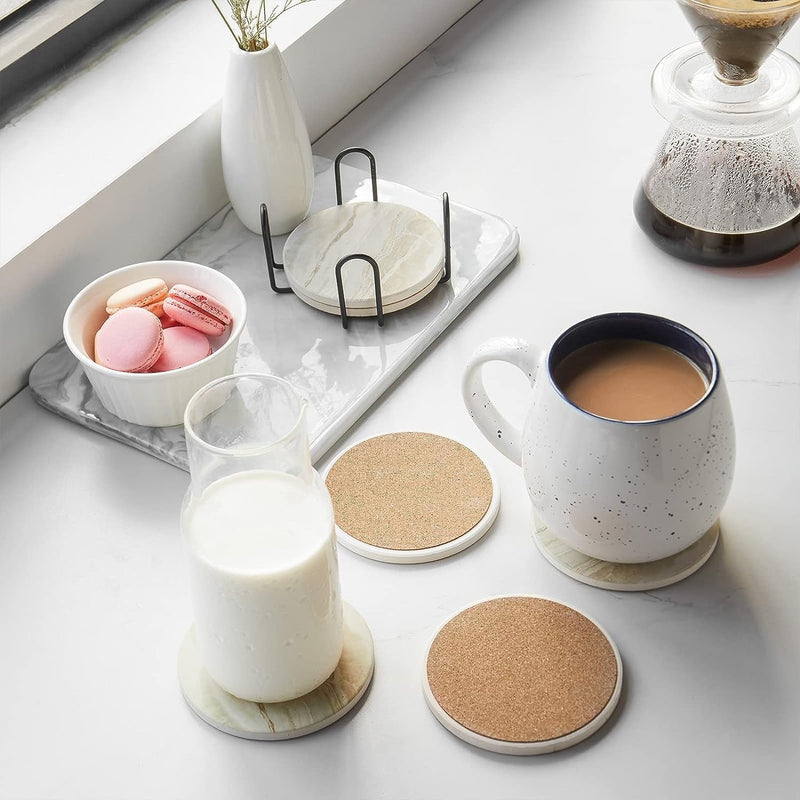 Set of 6 Marble Sandstone Ceramic Coasters with Holder & Cork Base