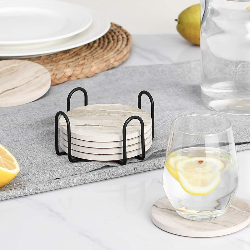 Set of 6 Marble Sandstone Ceramic Coasters with Holder & Cork Base