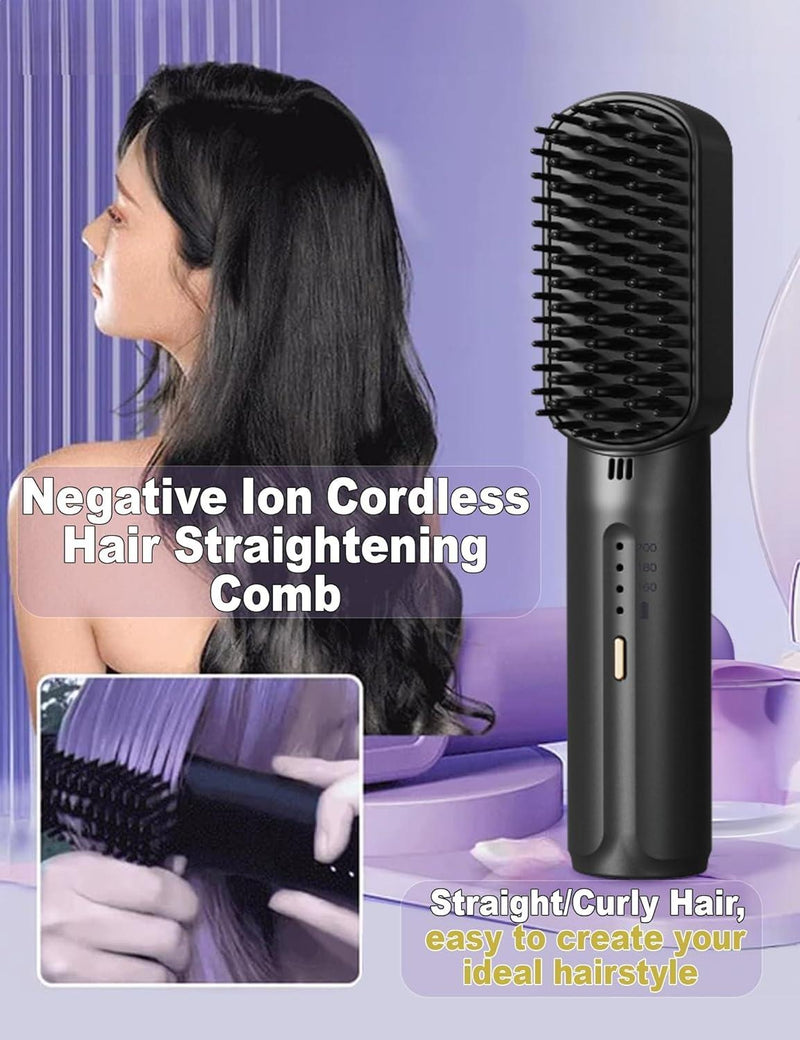 Cordless Hair Straightener Brush – Rechargeable Anti-Scald Portable Hair Straightening Comb