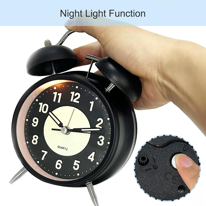 Twin Bell Alarm Clock 4 Inch – Rechargeable Luminous Retro Silent with Backlight