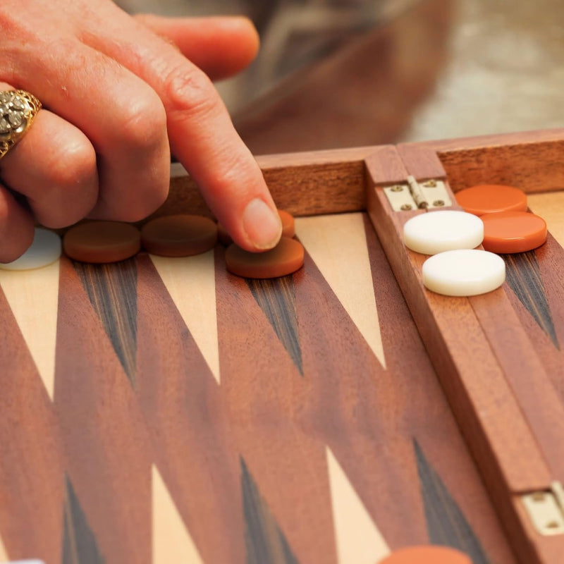 Wooden Inlaid Backgammon Set– 15" Folding Board with Acrylic Pieces & Dice Cups