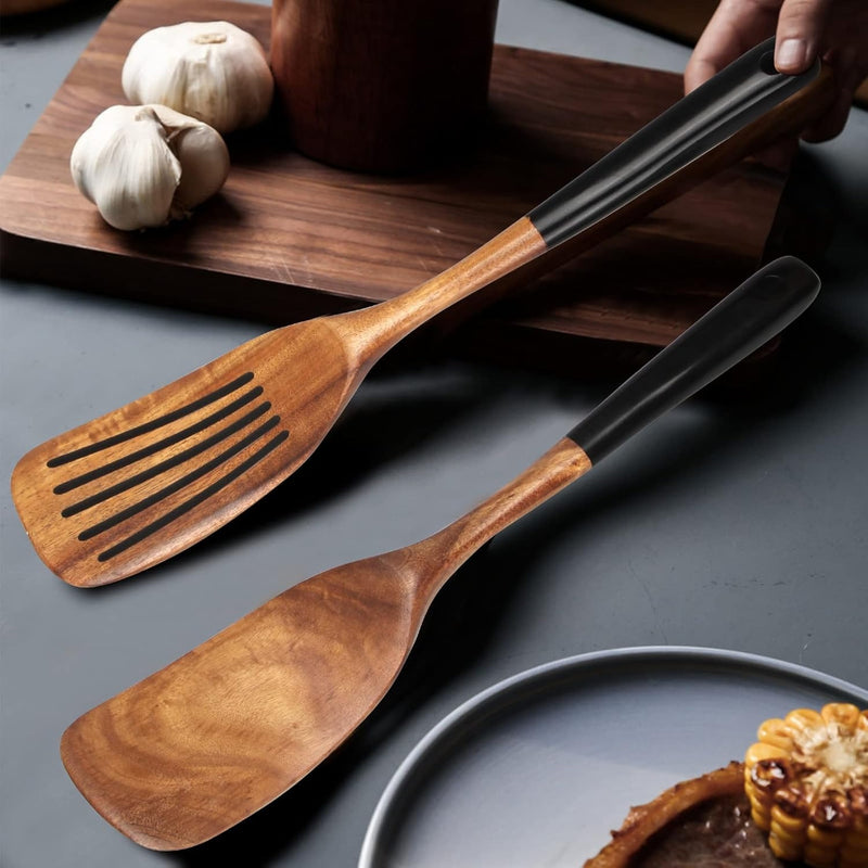 Wooden Spatula Set – 2-Piece Teak Cooking Utensils Slotted & Flat Turners
