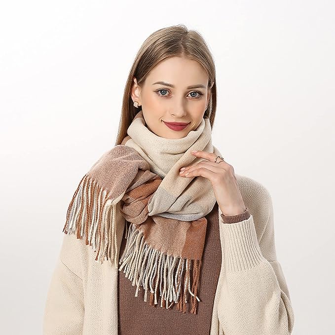 Plaid Knitted Winter Scarf – Cozy Oversized Shawl with Tassels for Women