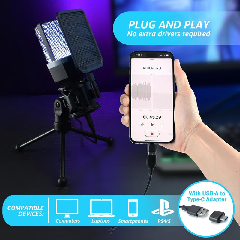 Plug & Play USB Mic for Podcasting Streaming Gaming Video Calls