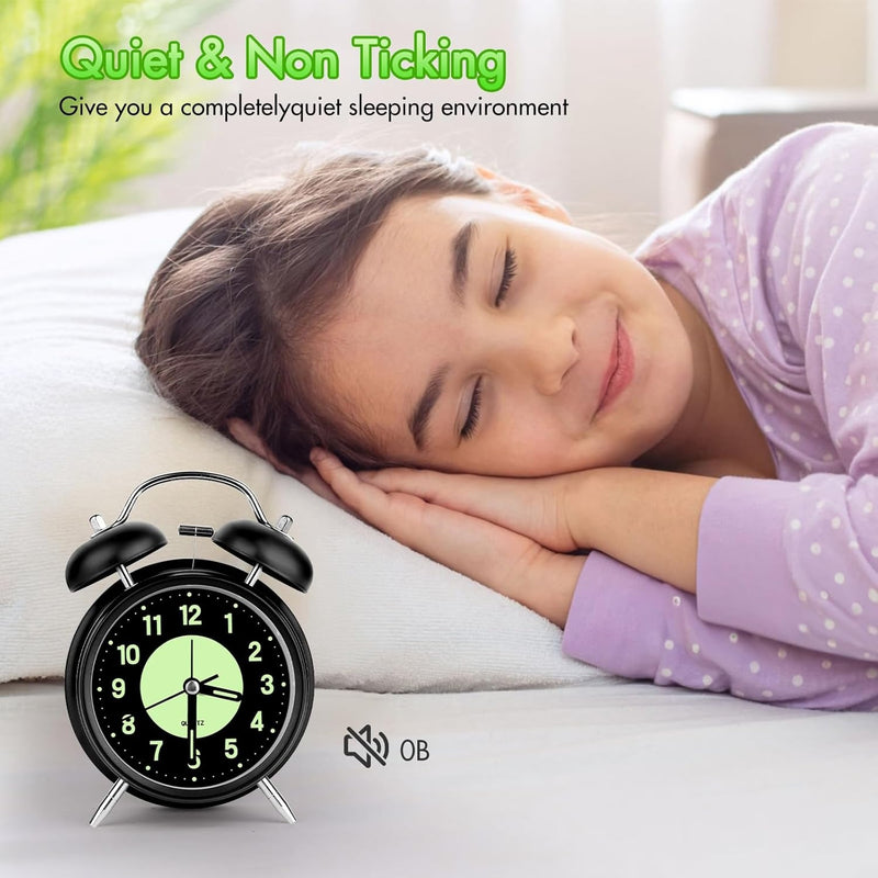 Twin Bell Alarm Clock 4 Inch – Rechargeable Luminous Retro Silent with Backlight