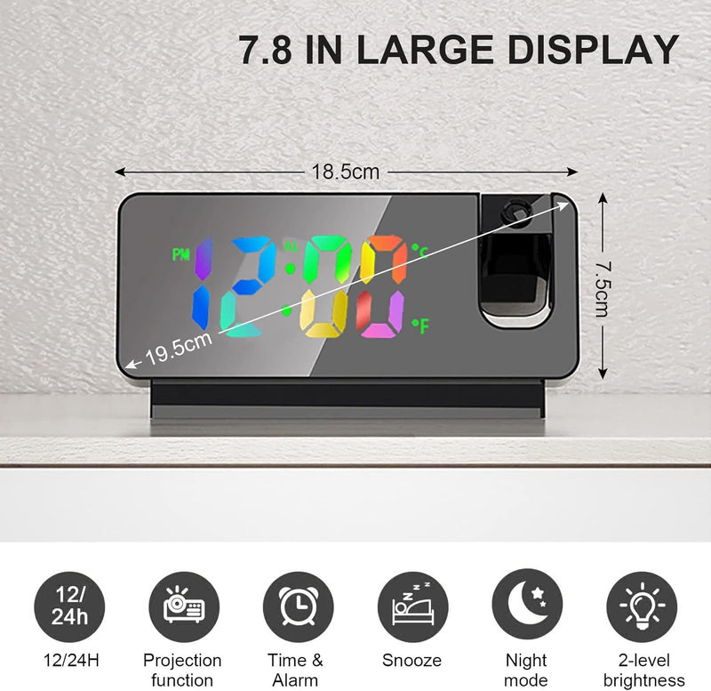Projection Alarm Clock – LED Display 180° Projector Temp Snooze Night Mode Mains Powered