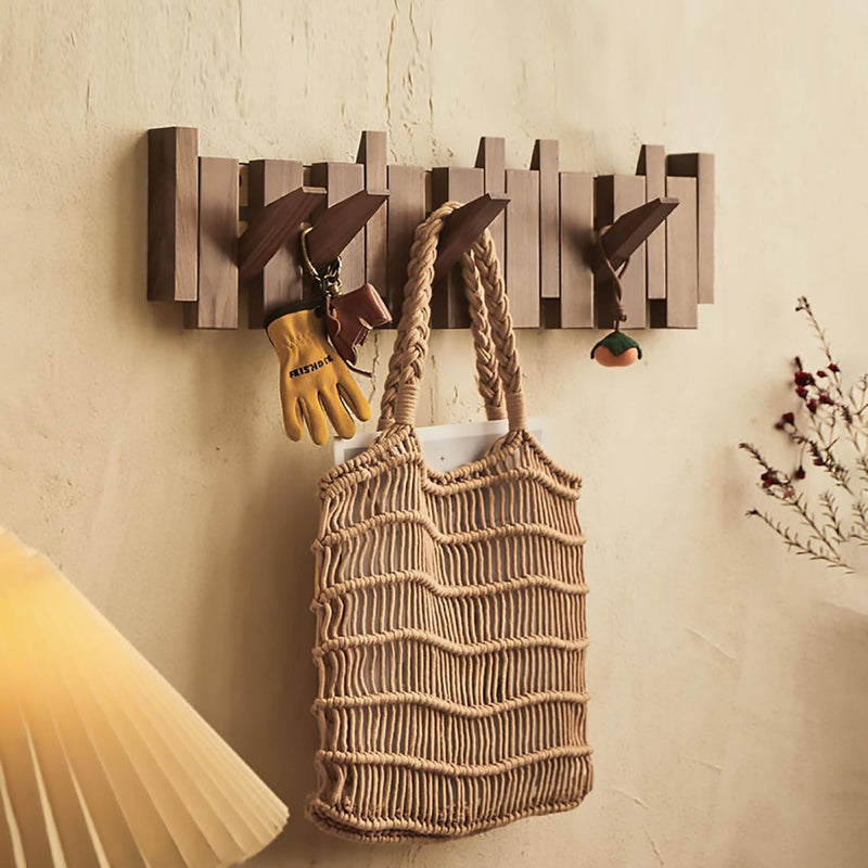 Wall-Mounted Folding Coat Hanger–  6 Wooden Hooks