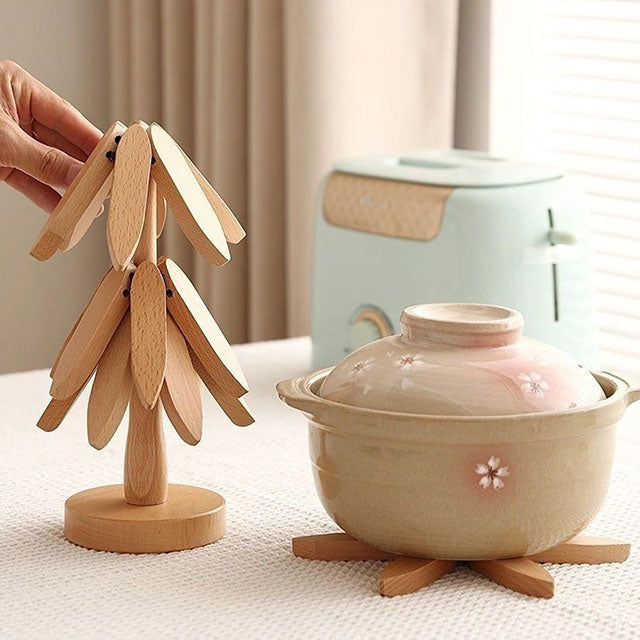 Wooden Tree Trivet Set with Stand – 3 Piece Heat-Resistant Coasters