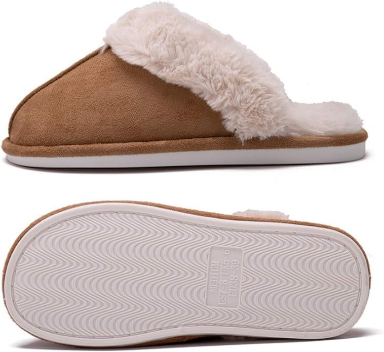 Women’s Fuzzy Suede Slippers – Fluffy Slip-On House Shoes with Anti-Skid Sole