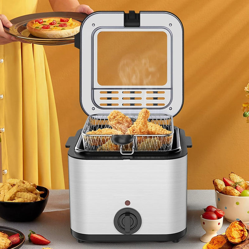 2.5L Mini Electric Deep Fat Fryer – Stainless Steel with Basket & Oil Filter Lid