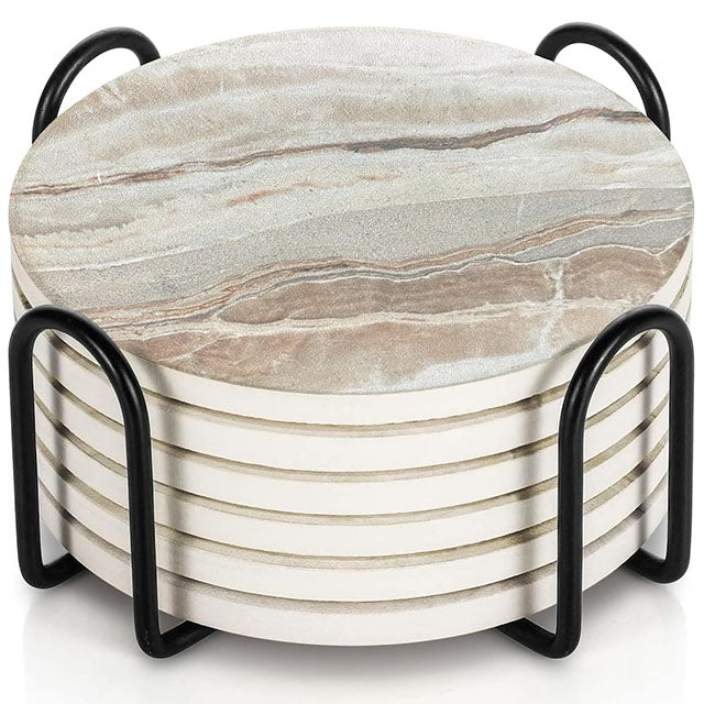 Set of 6 Marble Sandstone Ceramic Coasters with Holder & Cork Base