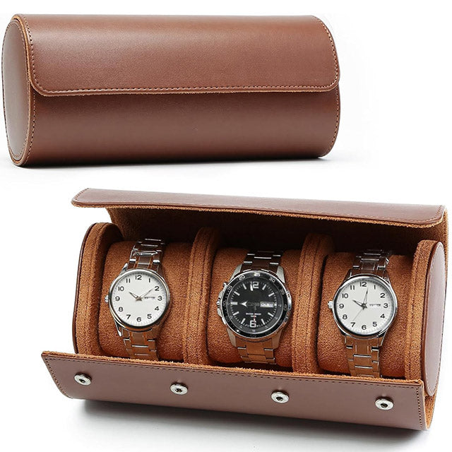 Premium Leather Watch Roll Case – 3-Slot Portable Watch Box Organizer for Men