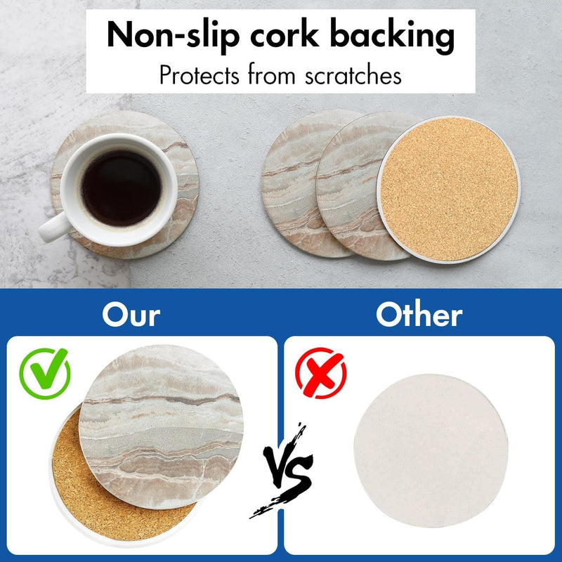 Set of 6 Marble Sandstone Ceramic Coasters with Holder & Cork Base