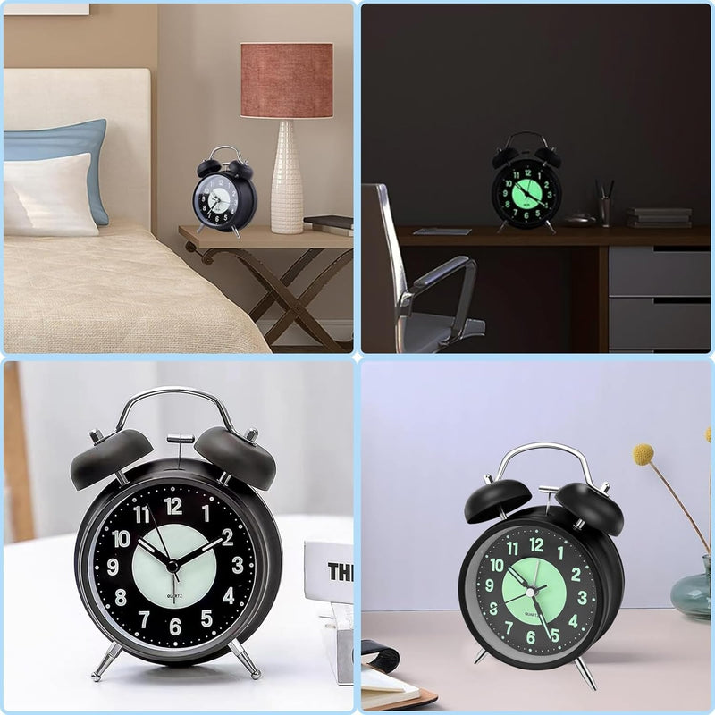 Twin Bell Alarm Clock 4 Inch – Rechargeable Luminous Retro Silent with Backlight