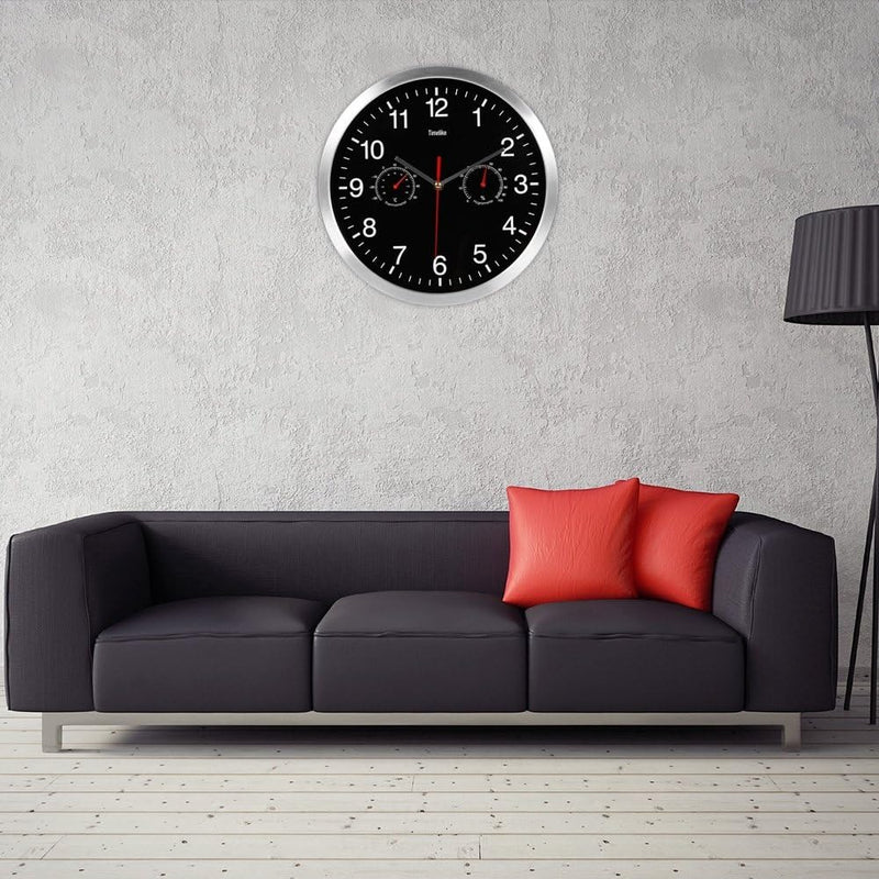 Black Wall Clock with Hygrometer & Thermometer – Quartz Silent Indoor Décor