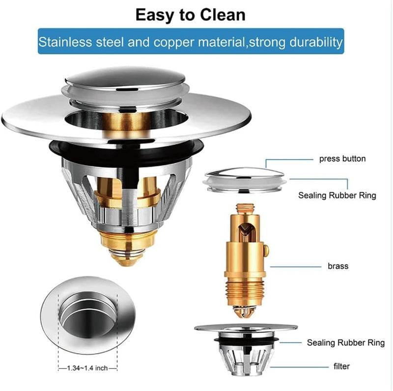 Universal Pop-Up Sink Plug 35–44mm –  Set of 3 Chrome Brass & Stainless Steel Drain Stopper