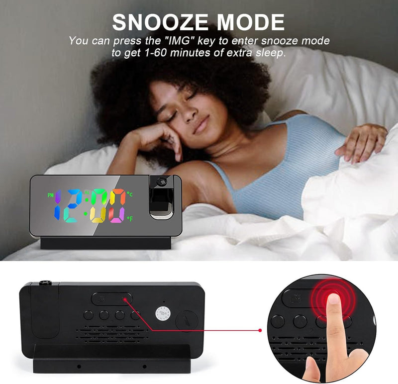 Projection Alarm Clock – LED Display 180° Projector Temp Snooze Night Mode Mains Powered