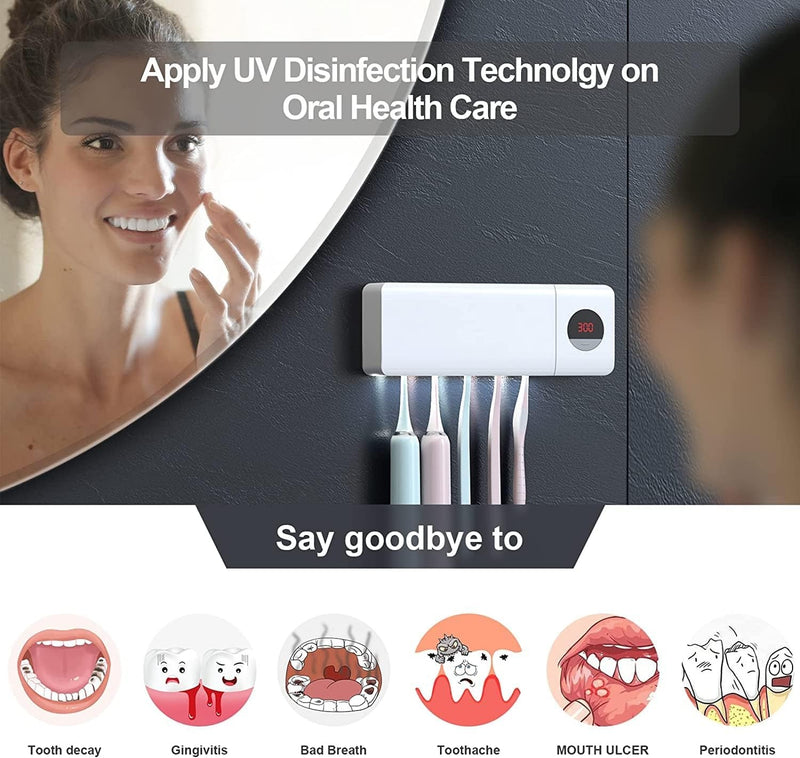 Wall-Mounted Toothbrush Holder with UV Sanitizer – Rechargeable Timer & Organizer