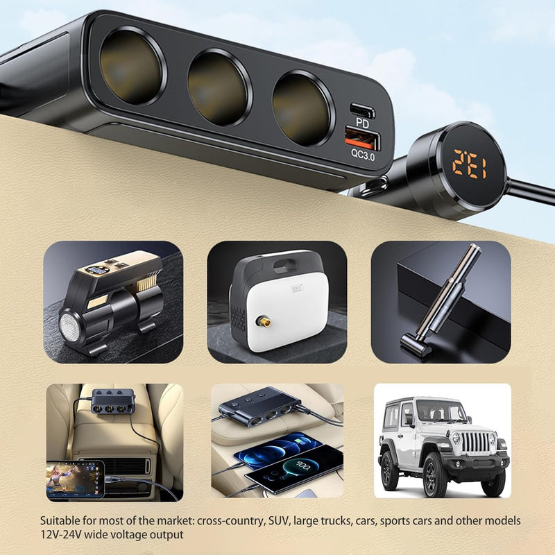 7-in-1 Car Cigarette Lighter Adapter – 128W, USB & Voltage Display