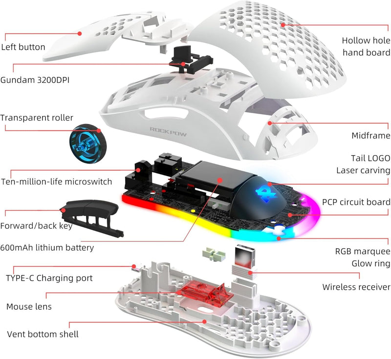 Ultralight Wireless Gaming Mouse – 2.4G Honeycomb RGB Mouse with 6 Programmable Buttons & Adjustable DPI