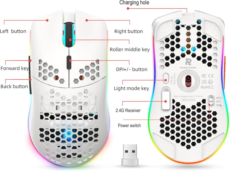 Ultralight Wireless Gaming Mouse – 2.4G Honeycomb RGB Mouse with 6 Programmable Buttons & Adjustable DPI