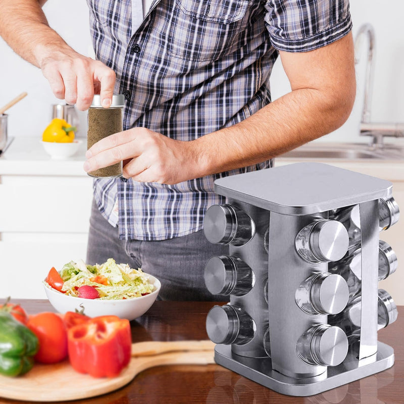 Rotating Spice Rack with 12 Glass Jars – 360° Stainless Steel Kitchen Organiser
