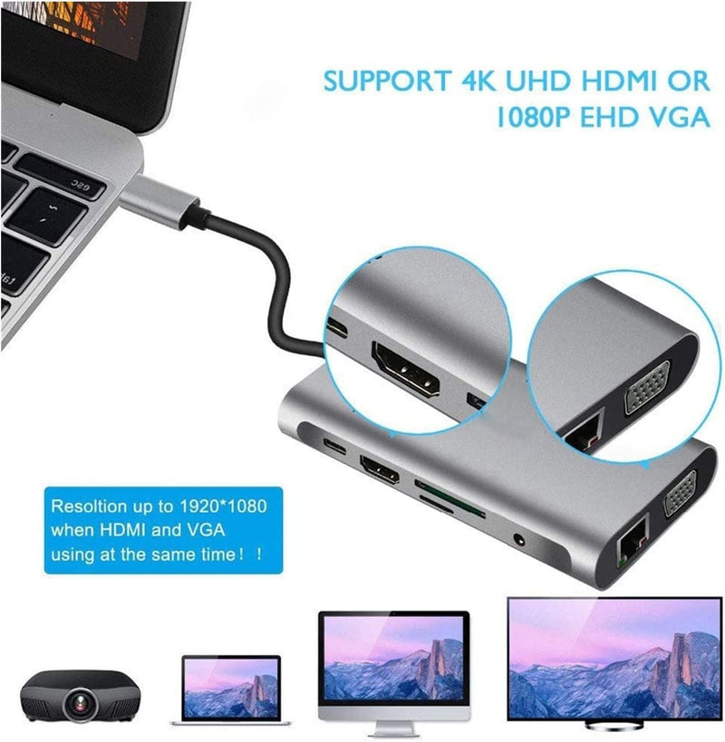 USB-C Docking Station 10-in-1 – Dual Monitor HDMI VGA RJ45 Ethernet USB Ports