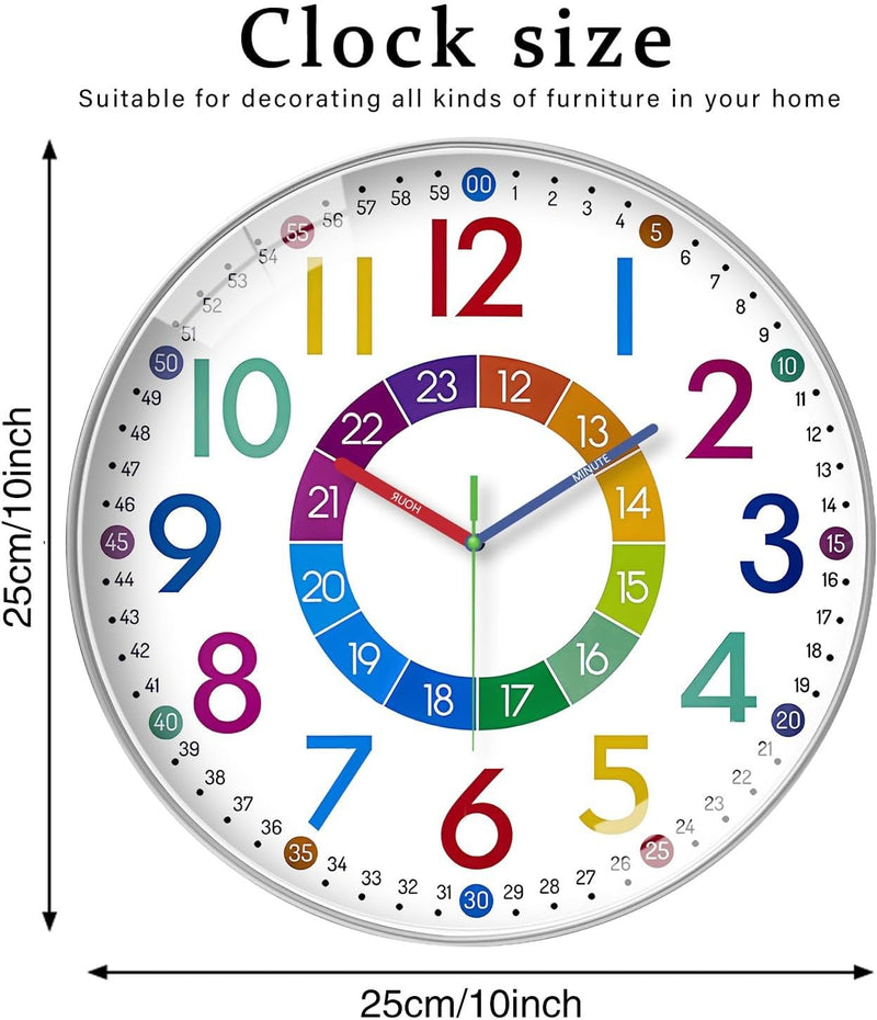 Children’s Silent Wall Clock – 24-Hour Easy Time Learning 10 Inch Ideal for Bedroom or Classroom